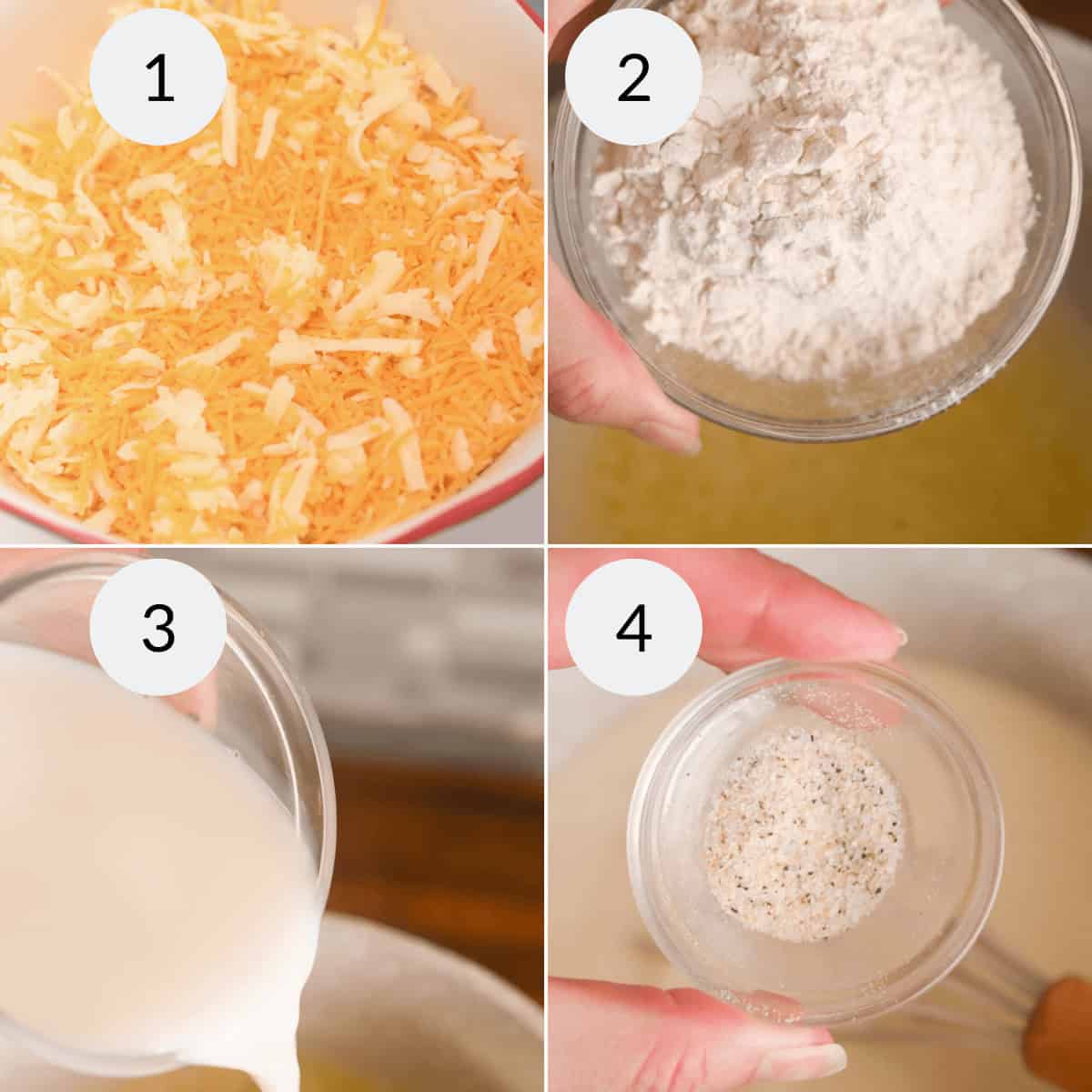 A four-step collage for Old Fashioned Baked Macaroni and Cheese, featuring shredded cheese, a bowl of flour, milk being poured, and a hand holding a small bowl of seasoning.