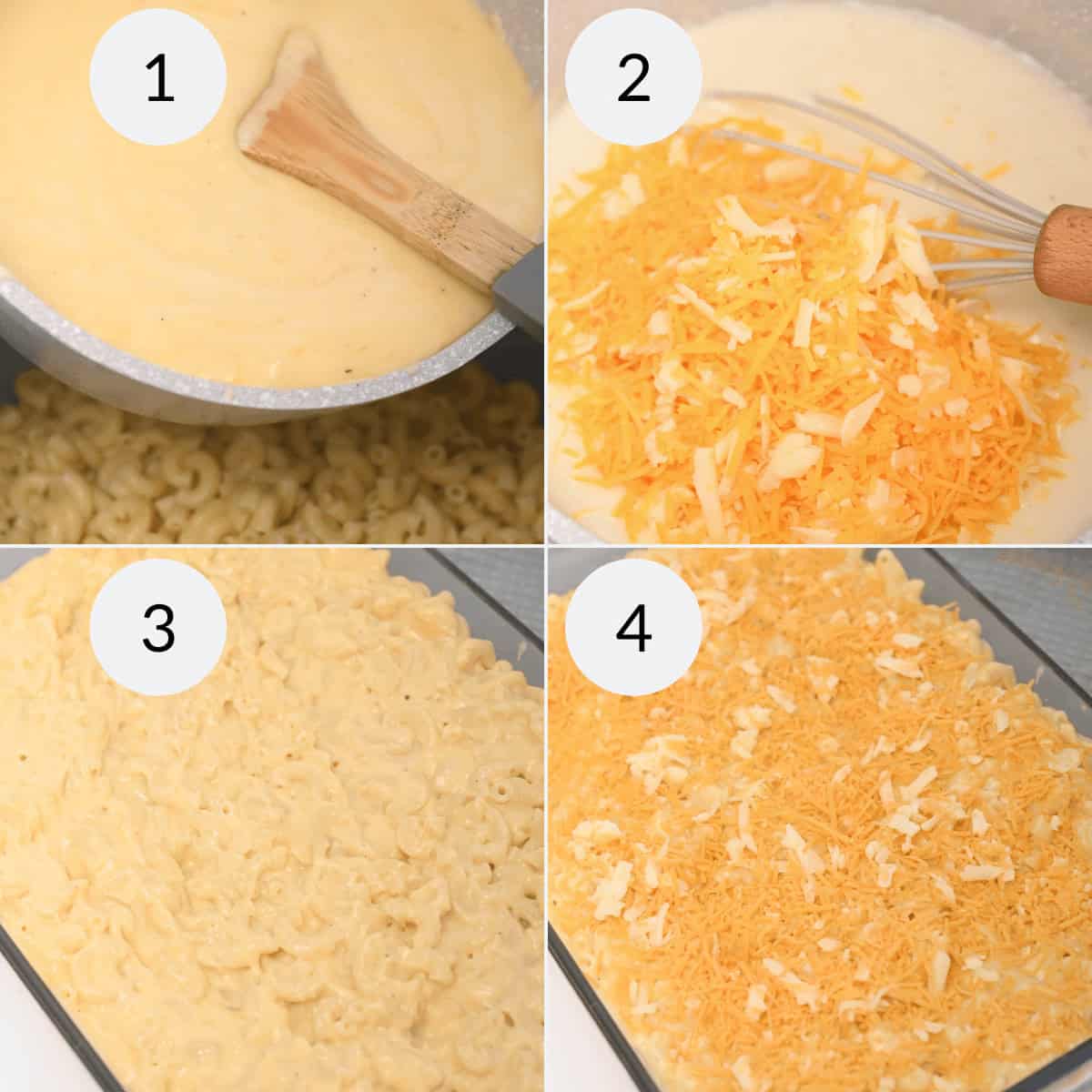 Four-step process pour sauce over pasta, add cheese, mix in a pan, and top with more cheese before baking.