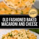 A serving spoon holds Old Fashioned Baked Macaroni and Cheese above a plate with another portion, both garnished with chopped parsley.