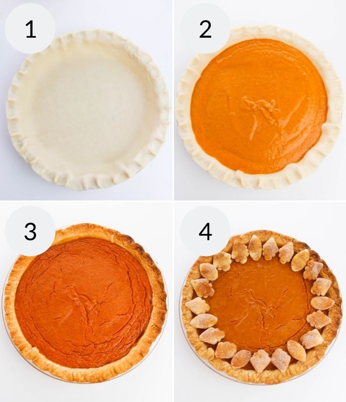 Filling the pie shell and preparing the pumpkin pie.