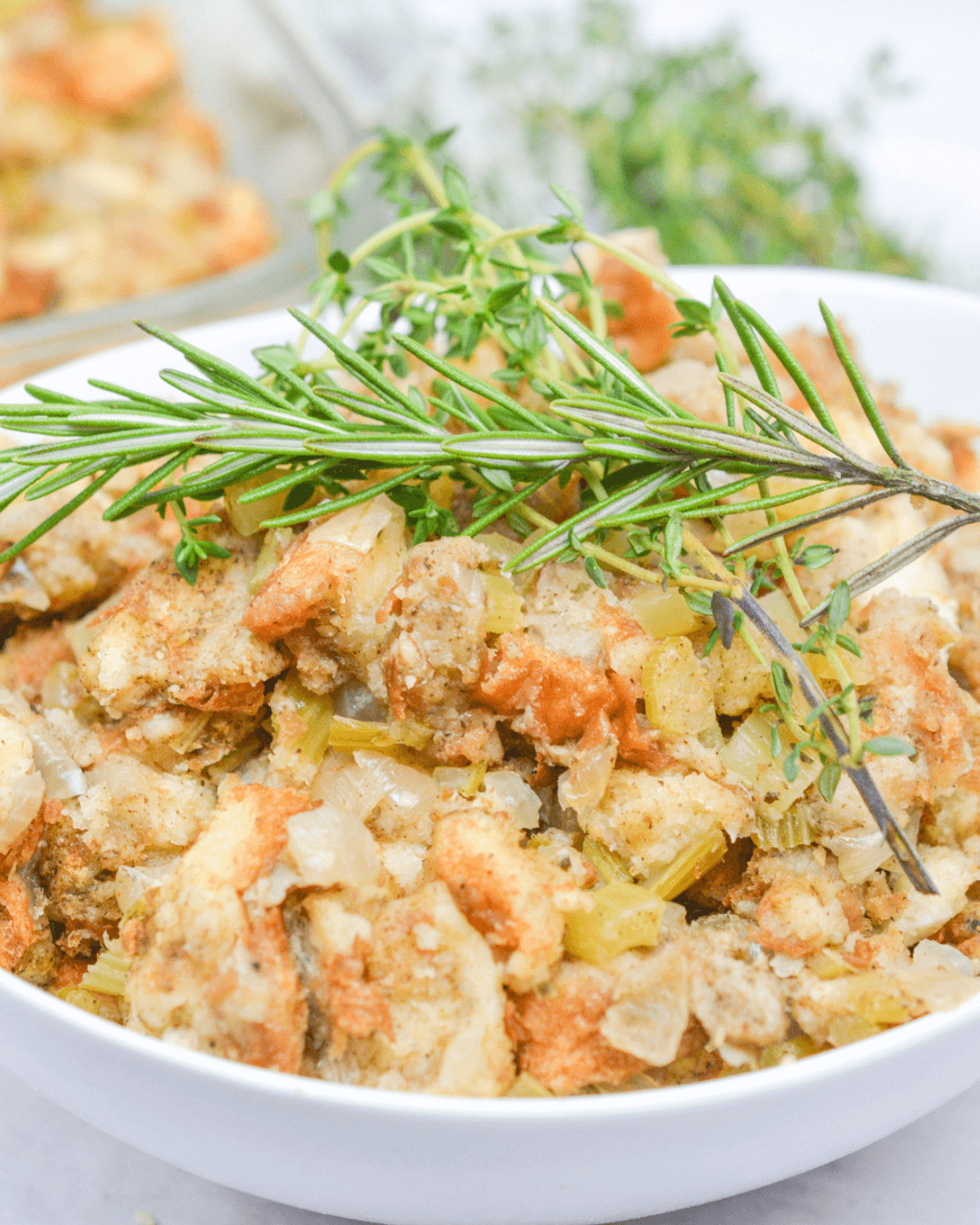 A bowl of Old Fashioned Sage and Onion Stuffing.
