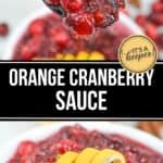 A spoonful of Orange Cranberry Sauce is held above a bowl garnished with cinnamon sticks and orange peel, with a lemon and cinnamon in the background. This vibrant Orange Cranberry Sauce adds festive flavor to any meal.