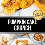 A piece of Pumpkin Crunch Cake with pecans on a spoon, and two stacked cake squares with a scoop of ice cream on a plate, surrounded by pecans and cinnamon sticks.