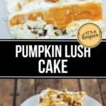 A slice of pumpkin lush cake topped with chopped nuts is served on a white plate, showcasing layers of creamy Lush Cake filling and pumpkin goodness.