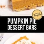 A square Pumpkin Pie Dessert Bar topped with whipped cream and sprinkled with cinnamon is served on a white plate.