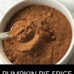 A bowl filled with a brown powdered blend labeled "Pumpkin Pie Spice Substitute," with a spoon scooping some out, perfect for adding warm, aromatic flavor to your favorite fall desserts.