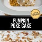 A slice of Pumpkin Poke Cake topped with white frosting and chopped pecans sits on a plate, while the rest of the flavorful cake waits in a baking dish nearby.