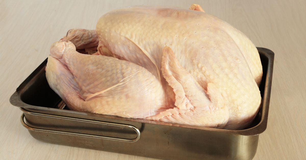 Raw Thanksgiving turkey in a roasting pan.