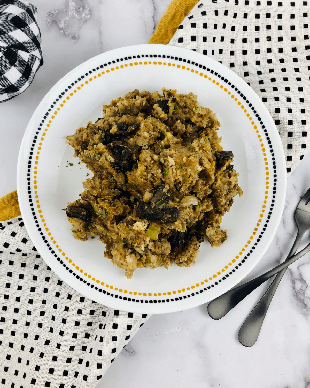 A plate of the slow cooker mushroom stuffing.