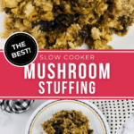 Two views of the slow cooker mushroom stuffing.