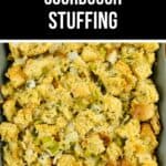 A baking dish filled with Sourdough Stuffing, featuring cubed bread, chopped celery, and onions, all garnished with fresh herbs.