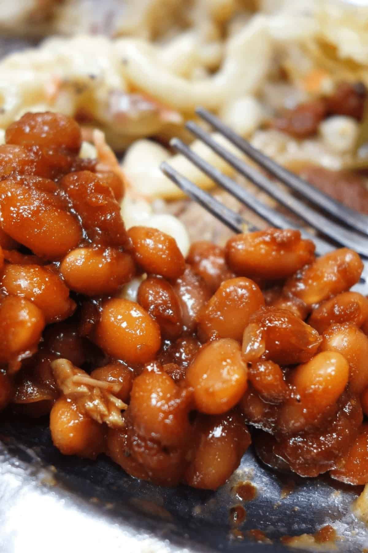 A dish of Southern Baked beans on a white dish.