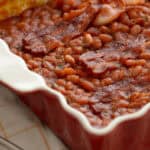A side view of the casserole dish of beans.