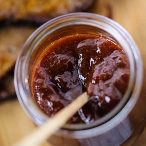 A jar of the sweet and spicy bbq sauce.