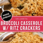 Two views of the broccoli casserole with ritz crackers.