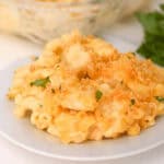 A heaping plate of velveeta mac and cheese.