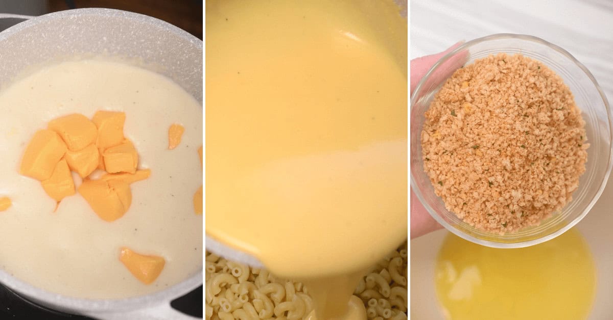 Melting the cheese and cooking the pasta.