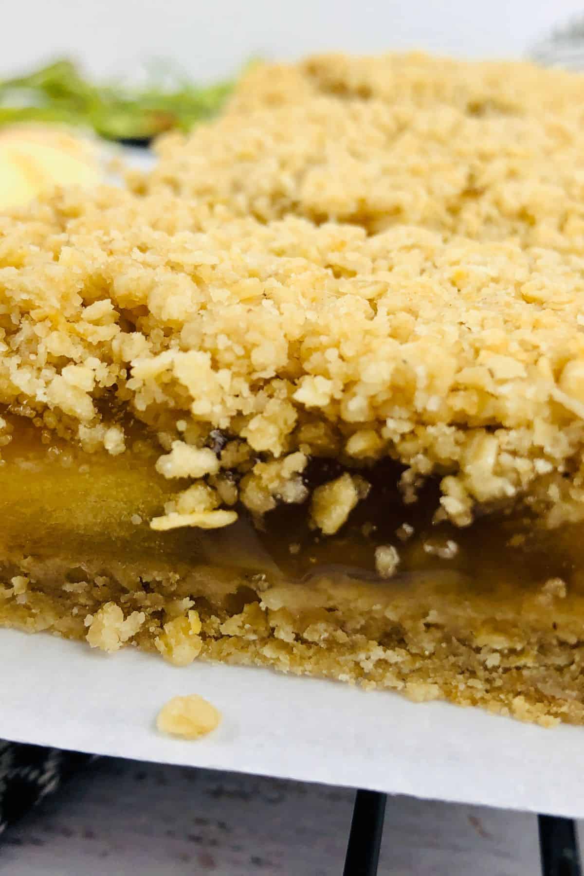 Close-up of apple oatmeal bars with a visible fruit filling layer and a crumbly, golden-brown topping on a parchment-lined surface.