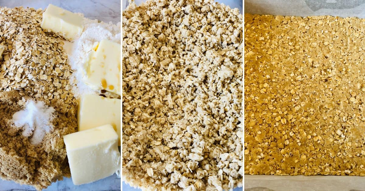 Three-step collage showing ingredients in a bowl, mixture combined, and mixture pressed into a baking pan.