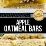 Close-up of apple oatmeal bars with a crumbly topping, sliced and arranged on a white surface, featuring an “It’s a keeper!” label and the text “Apple Oatmeal Bars” for these delicious apple oatmeal bars.