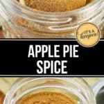 A jar of Apple Pie Spice with a white spoon scooping some from the jar; text overlay reads "Apple Pie Spice.
