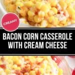 Savor a delectable corn casserole with cream cheese, a hearty bowl loaded with creamy goodness and crowned with crispy bacon bits.
