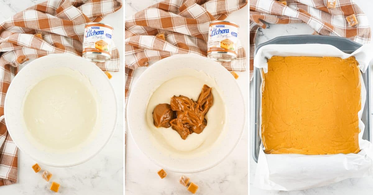 Three-panel image showing: melted white chocolate in a bowl; a bowl with melted white chocolate and caramel; and a baking pan lined with parchment paper containing smooth mixture.
