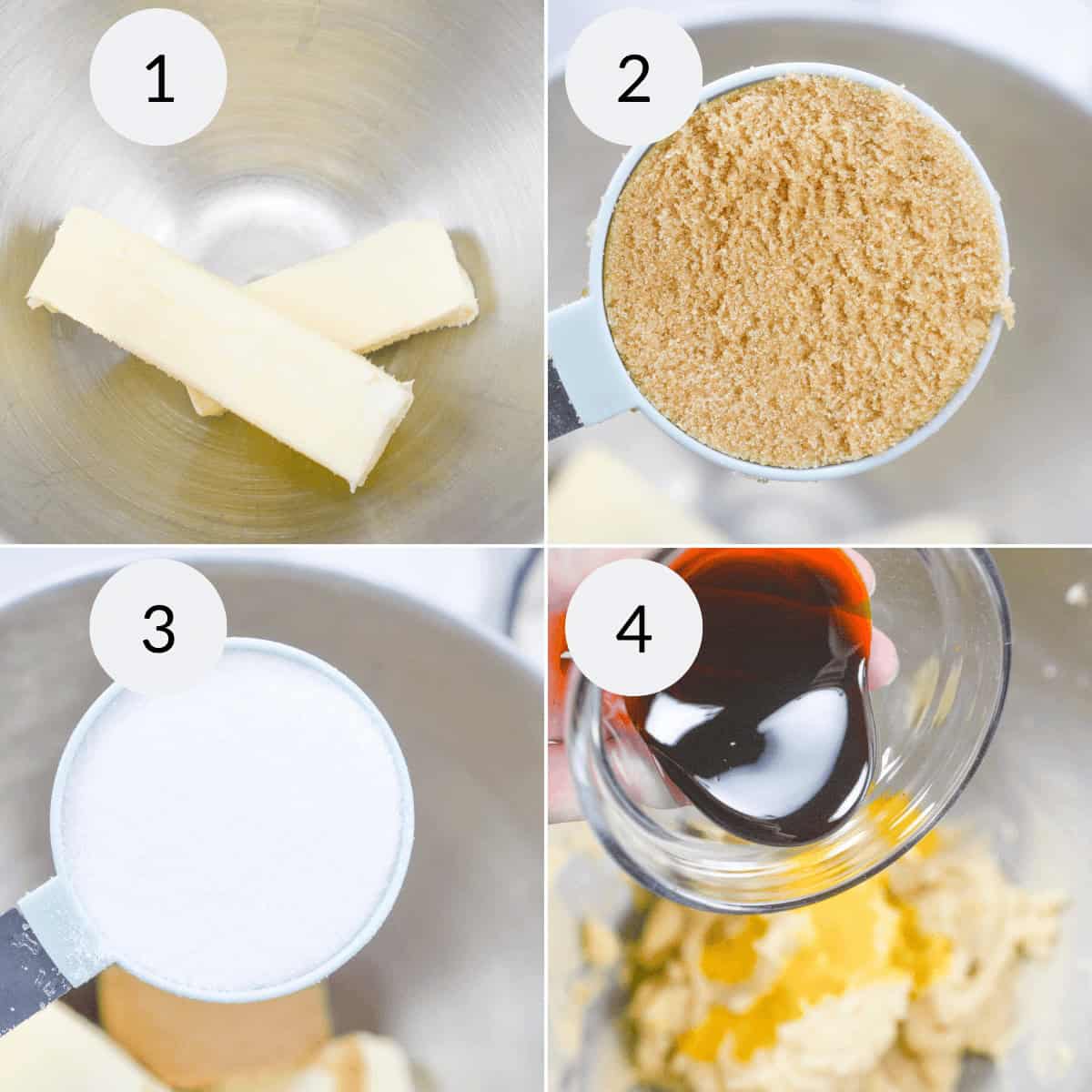 Step-by-step baking process for Brune cookies: 1) Two sticks of butter in a bowl. 2) Brown sugar in a measuring cup. 3) White sugar in a measuring cup. 4) Vanilla extract poured into the mixture.