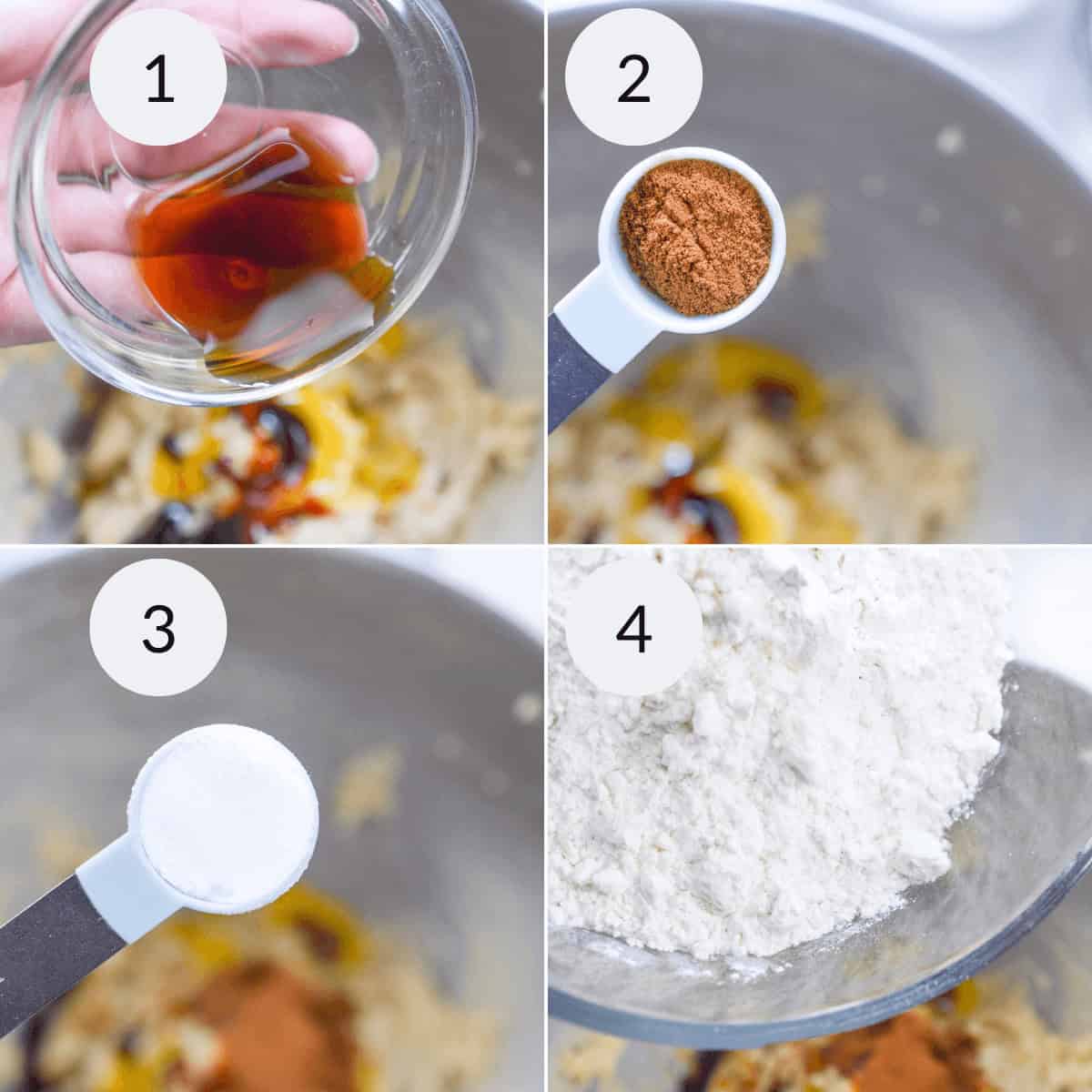 Step-by-step baking preparation for Norwegian cookies: 1. Adding vanilla extract to dough, 2. Adding cinnamon, 3. Adding baking powder, 4. Adding flour.