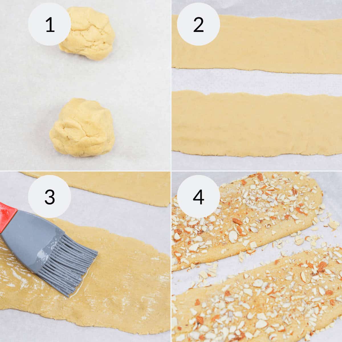 Step-by-step process for making Christmas cookies: 1. Two dough balls. 2. Rolled out dough strips. 3. Brushing dough with liquid. 4. Topped with sliced almonds.