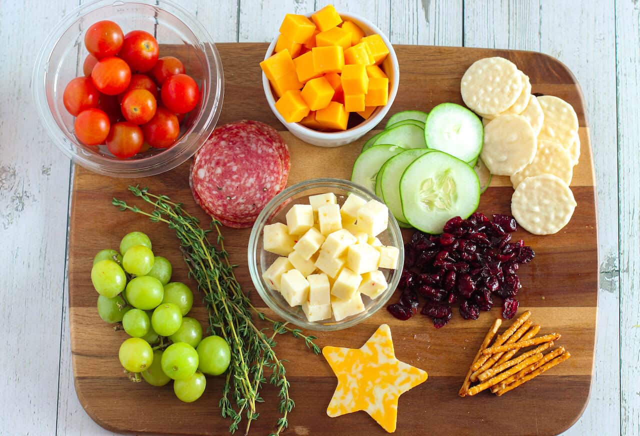 Ingredients of tomatoes, cucumbers and cheese.