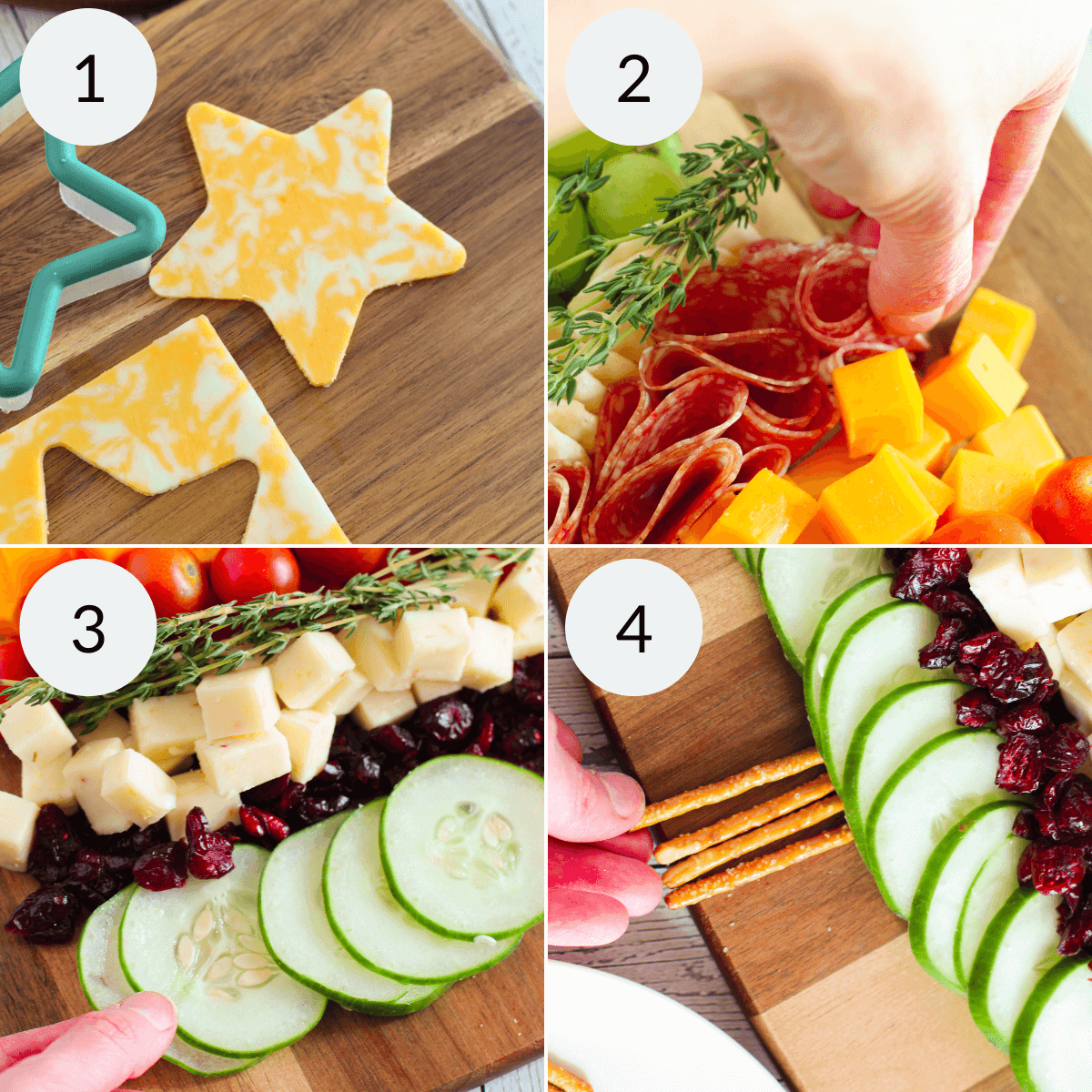 Building the tree by layering the christmas tree charcuterie board.
