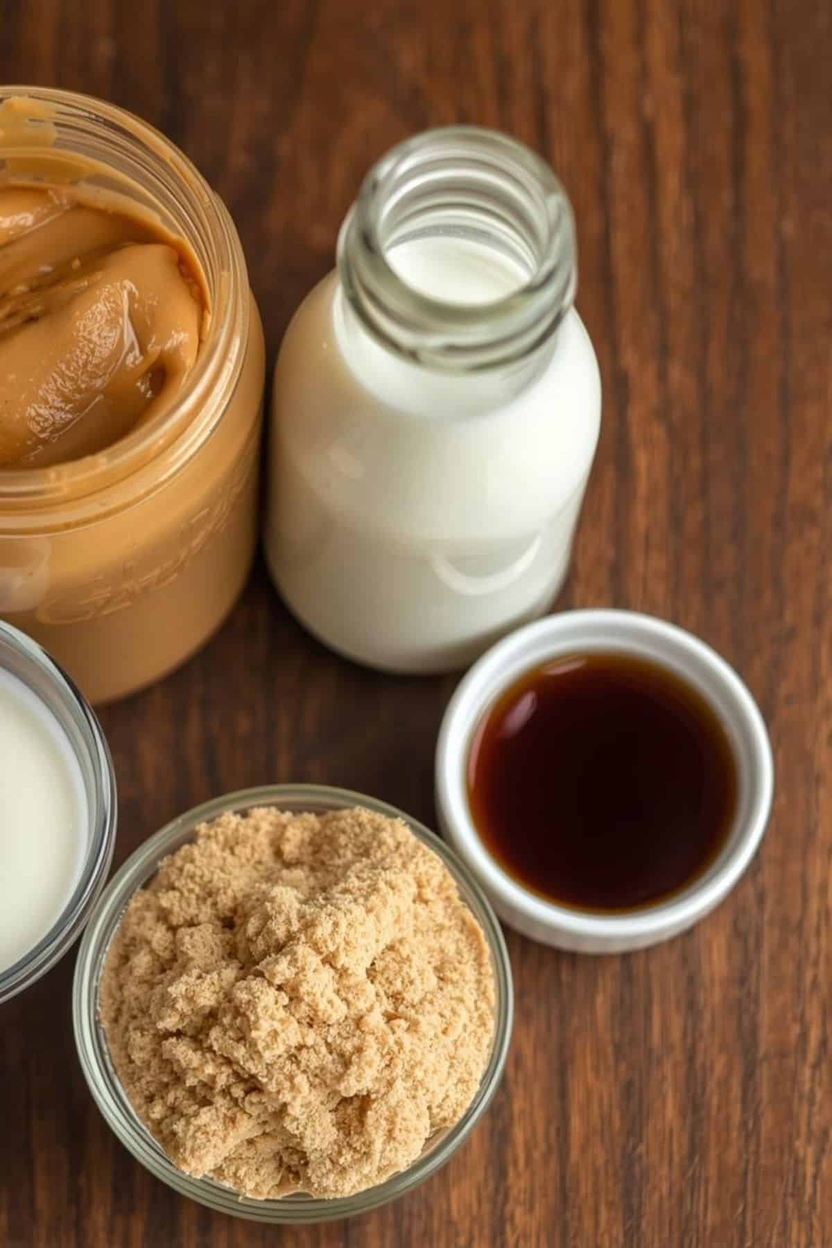 A jar of peanut butter, a bottle of milk, a bowl of brown sugar, and a small cup of vanilla extract on a wooden surface—classic ingredients for making creamy Penuche Fudge.