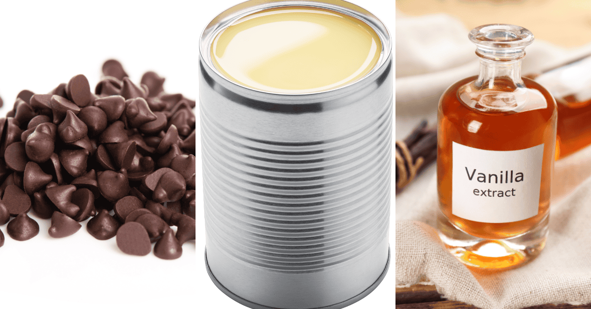 Chocolate chips, vanilla extract and condensed milk.