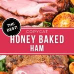 Two views of the honey baked ham with slices.