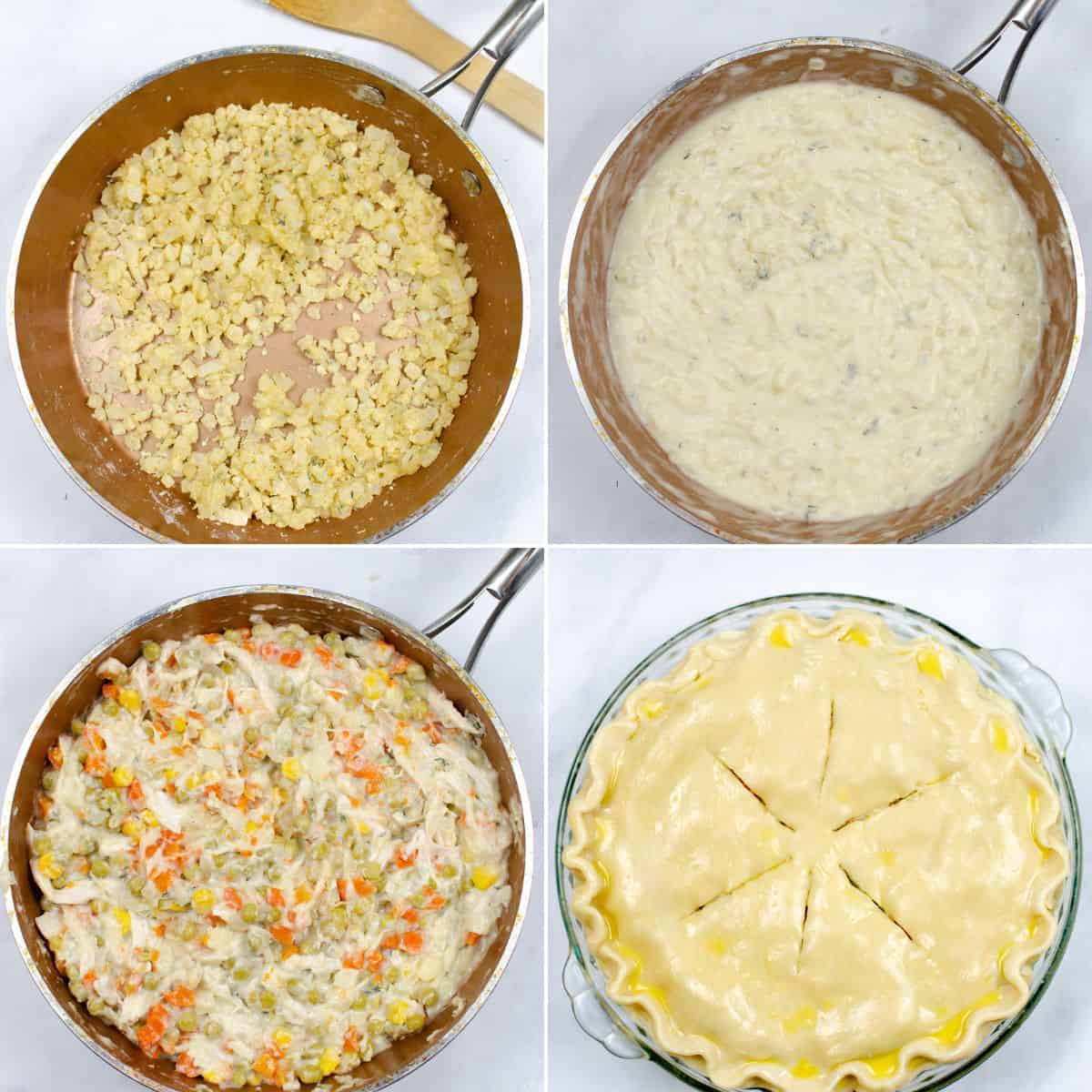 Four stages of making Easy Turkey Pot Pie: cooked filling in a pan, creamy mixture added, mixed filling in a pie dish, and assembled pie with top crust ready to bake.