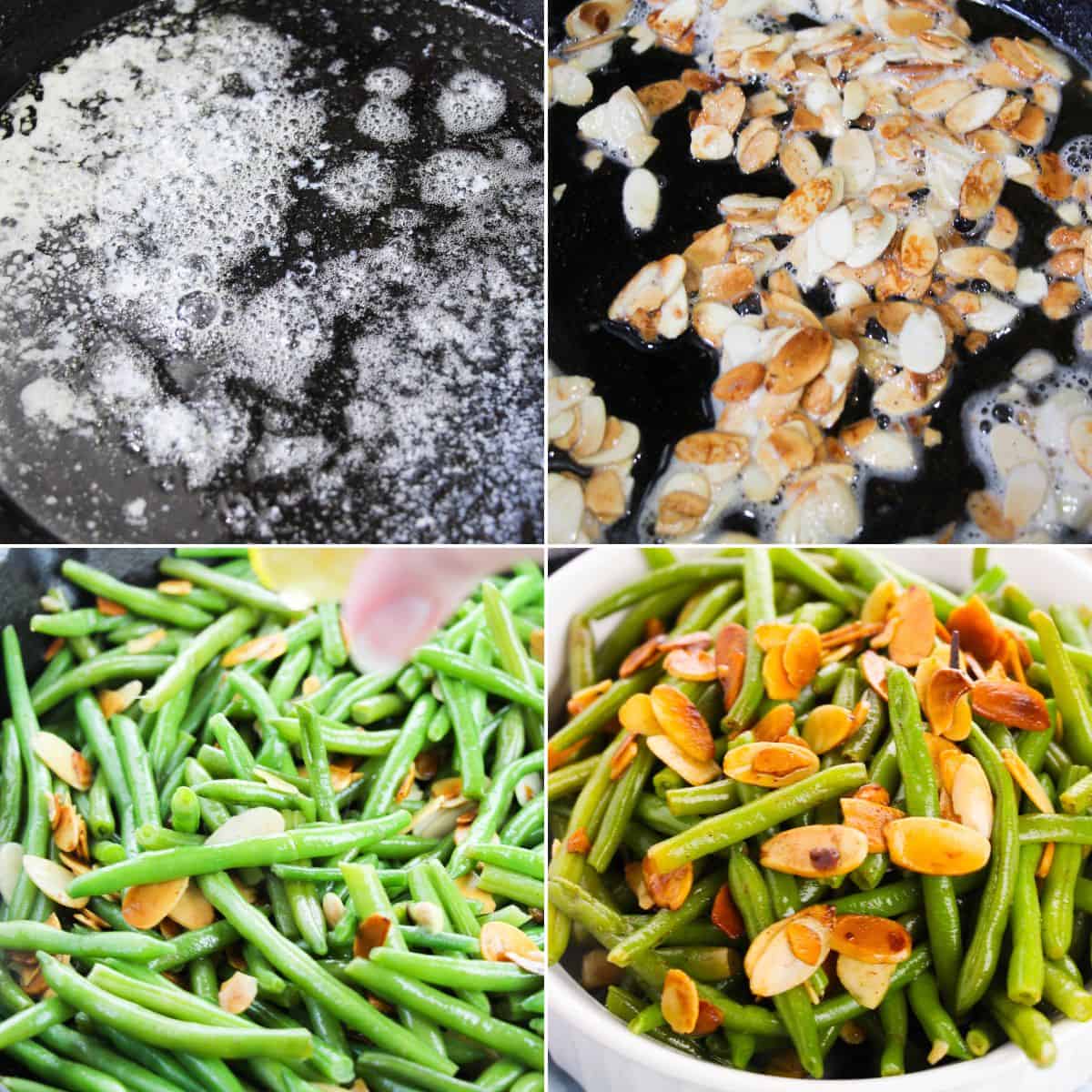 Four images show the progression melting butter, toasting almonds, adding green beans, and serving the finished dish in a bowl.