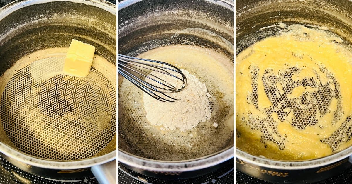 Three-panel image showing butter melting in a saucepan, flour being added to the melted butter, and the mixture being whisked into a roux—the perfect base for rich sauce..