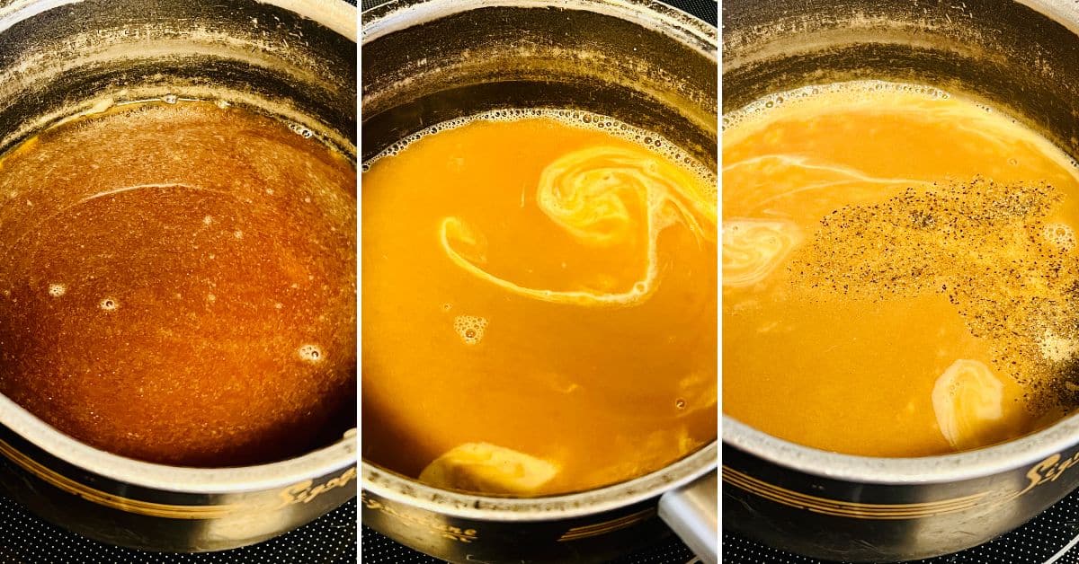 Three-panel image showing a saucepan with broth, then broth and cream being mixed in for ham gravy, and finally the gravy topped with black pepper.