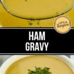 A bowl of creamy Ham Gravy garnished with chopped herbs, with a close-up of a spoonful of the rich gravy above it. Text reads "Ham Gravy.