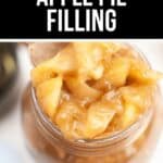 Glass jar filled with chunky, homemade apple pie filling coated in a glossy, spiced sauce. The label above reads, "Fresh Apple Pie Filling.