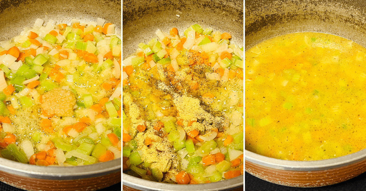 Making the vegetables and cooking the bread crumbs in the pan.