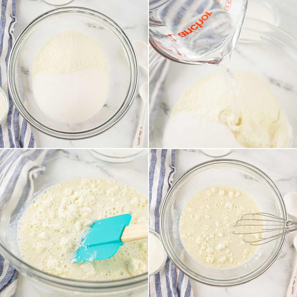 Four images show mixing dry ingredients, adding water, stirring with a spatula, and then whisking the mixture—perfect steps for making a homemade Sweetened Condensed Milk Substitute—in a glass bowl on a marble countertop with a striped cloth nearby.