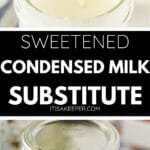 Two glass jars filled with homemade Sweetened Condensed Milk Substitute, one open with the substitute being poured in, and the other sealed with a lid.