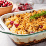 A baked Thanksgiving Leftovers Casserole with a golden crumb topping and visible cranberry pieces is garnished with a rosemary sprig. Bowls of cranberries sit in the background.