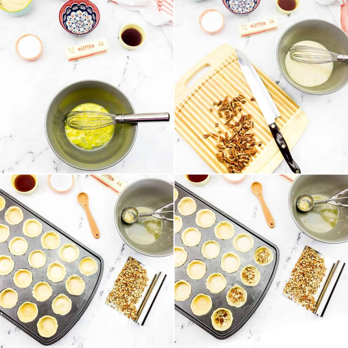 Four steps of making mini pecan pies or Pecan Tarts: whisk ingredients, chop pecans, fill mini pie crusts in a muffin tin, and top with chopped pecans before baking.