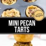 A muffin tin filled with mini pecan tarts, some whole and some with a bite taken out, showcasing their nutty pecan filling and flaky tart crust.