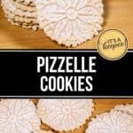 Several stacks and scattered pizzelle cookies dusted with powdered sugar are displayed on a wooden surface, showcasing the classic charm of homemade Pizzelle Cookies.