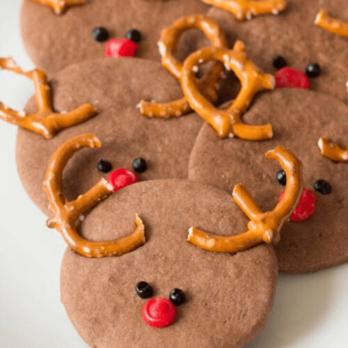 A platter of pretzel reindeer cookies.