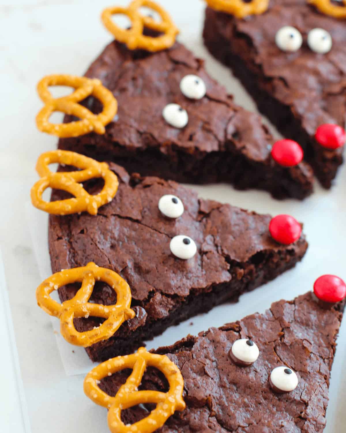 A platter of the finished reindeer christmas brownies.